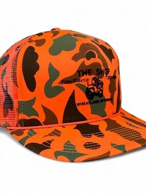 Vintage The Shop Wheatland WY Orange Camo Trucker Hat